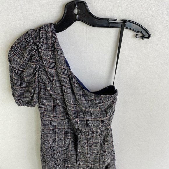 BEBE Navy Plaid One Shoulder Mini Dress NWT - Picture 2 of 12